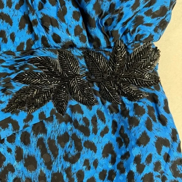 St Gillian Petites 100% Silk Animal Print Dress Womens Size 10 Floral Beading - Picture 8 of 13